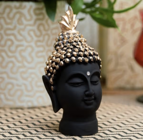 Aaradhak Polyresin Buddha Head Statue - Matte Black with Golden Combination | Elegent Decorative Idol Showpiece, Perfect for Home Decor and Office Space
