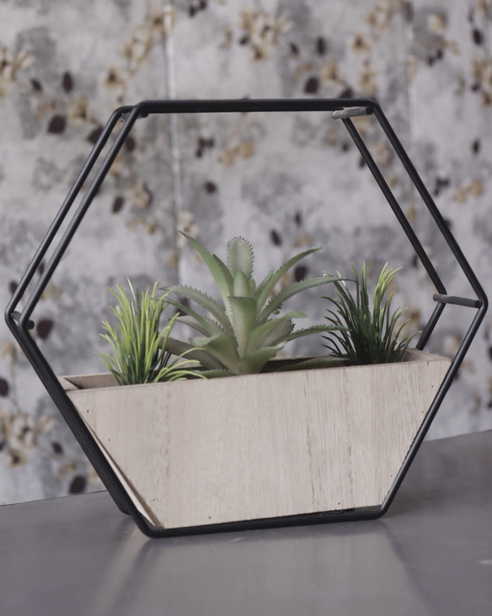 Modern Wall Planter with Ceramic Pot, Metal Octagon Frame, Black and White