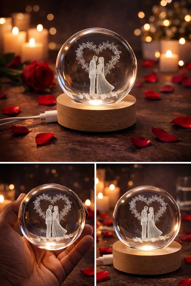 3D Crystal Ball Night Light with Couple Design, LED Wooden Base, Romantic Wedding Gift 63% off