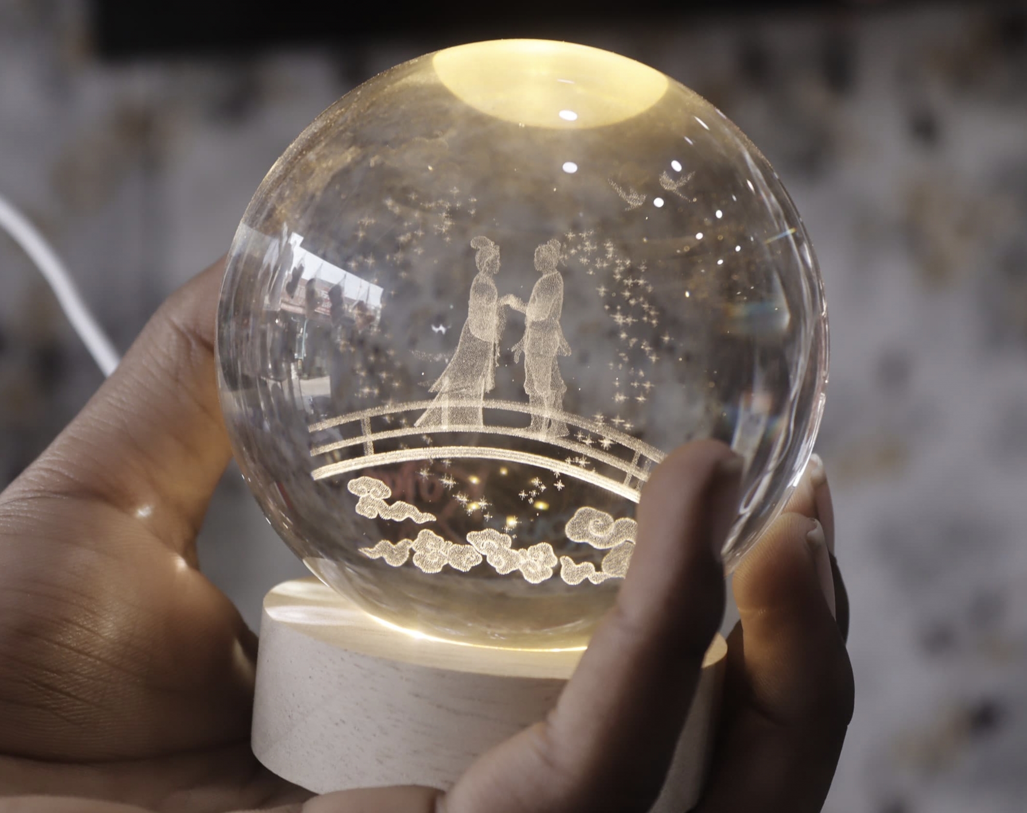 3D Crystal Ball Night Light with Couple Design, LED Wooden Base, Romantic Wedding Gift 63% off