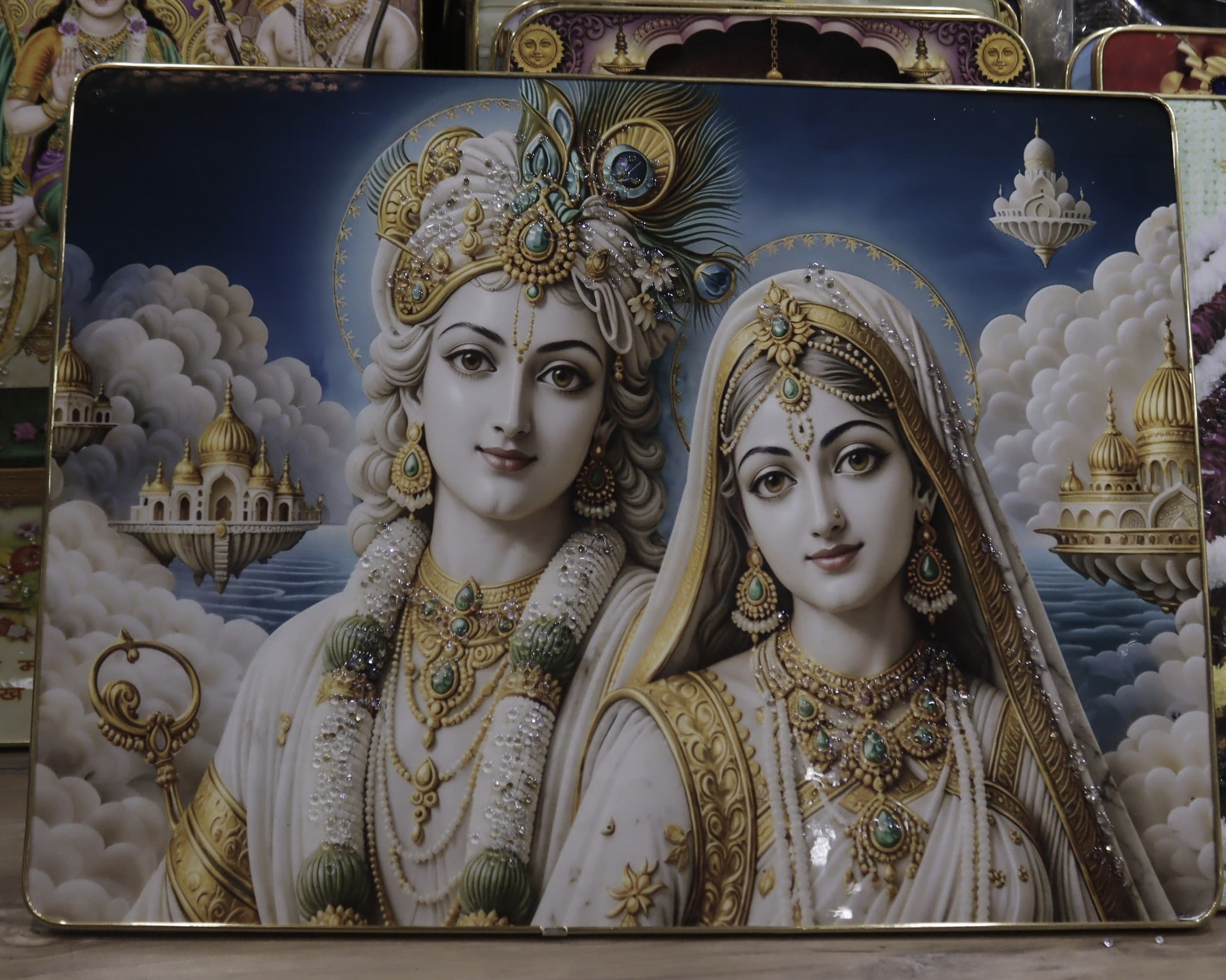 RadhaKrishnaJi Wall Painting with Black Frame | Premium Marble Finish HD Print | Religious Wall Decor for Home, Living Room, Bedroom & Pooja Room | MDF Board with 220 Micron | Ready to Hang