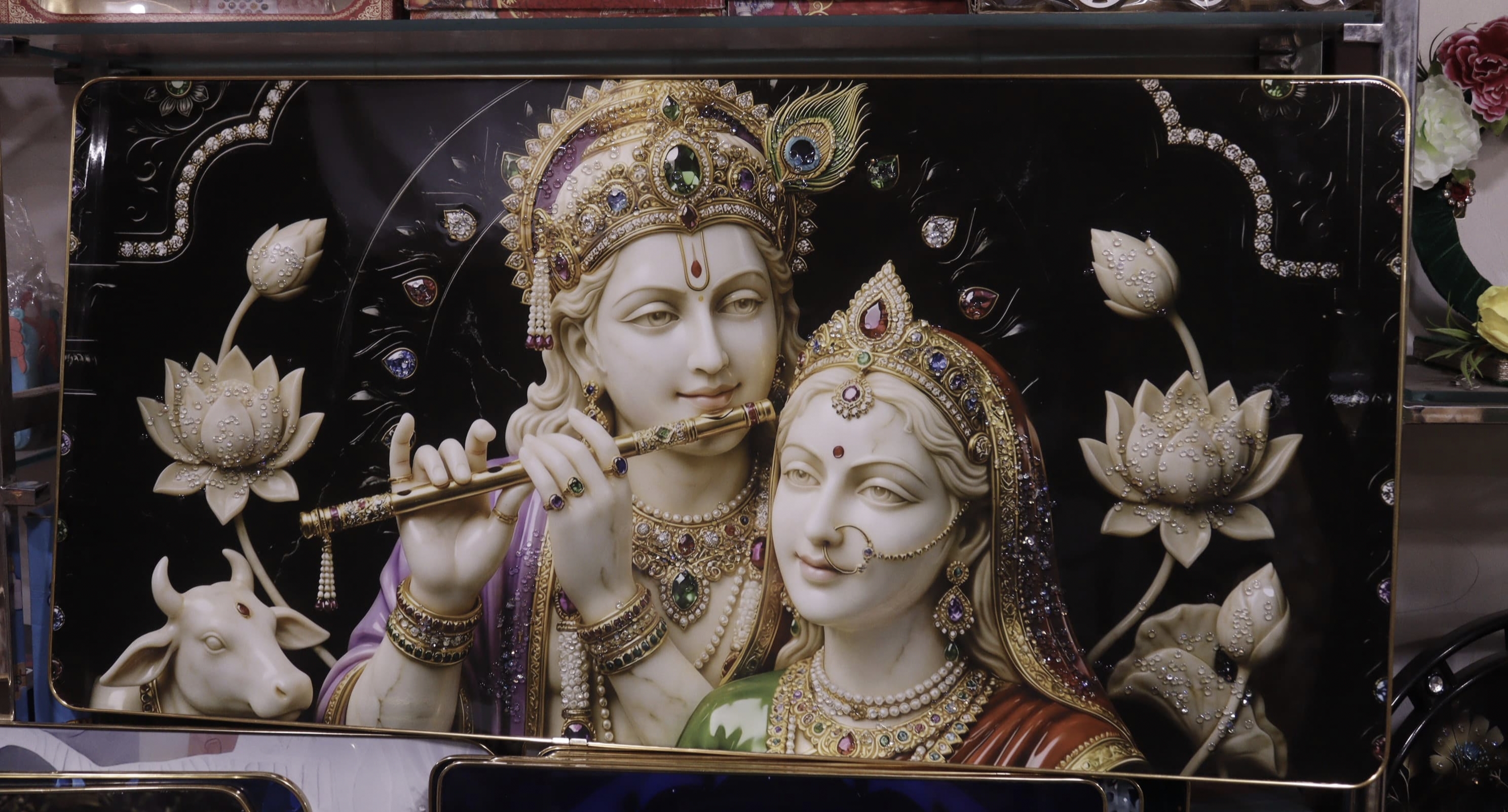 RadhaKrishnaJi Wall Painting with Black Frame | Premium Marble Finish HD Print | Religious Wall Decor for Home, Living Room, Bedroom & Pooja Room | MDF Board with 220 Micron | Ready to Hang