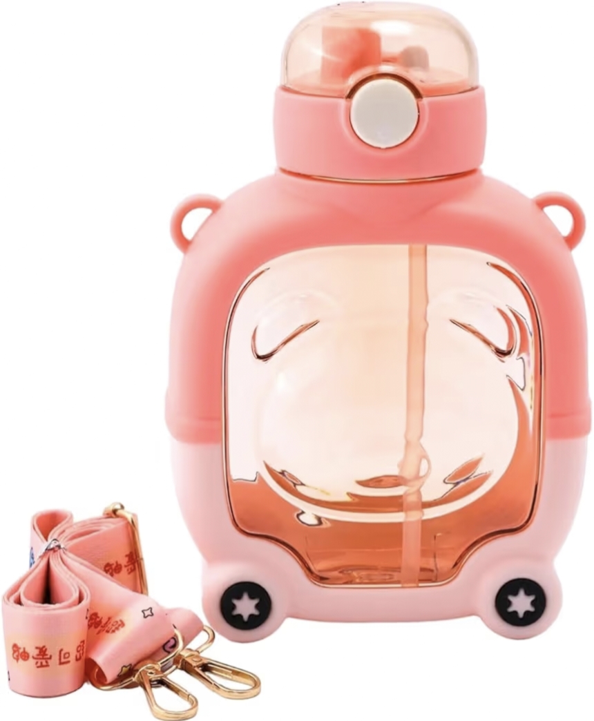 1000ML New Kids Plastic Bear Shape Water Bottle with Straw, Shoulder Belt,Bottle Cleaner Brush, 2D Stickers,3D Stickers Non-Toxic BPA Free Leak Proof Water Bottle for School Kids (Pink)