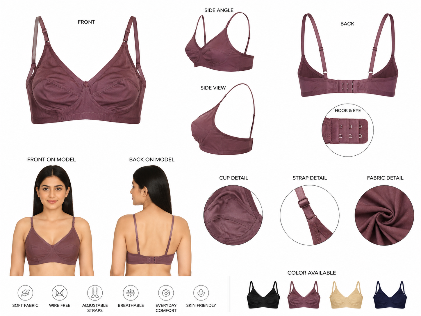 Nagina Women's Soft Comfort Wire-Free Everyday Bra (Mauve Pink)