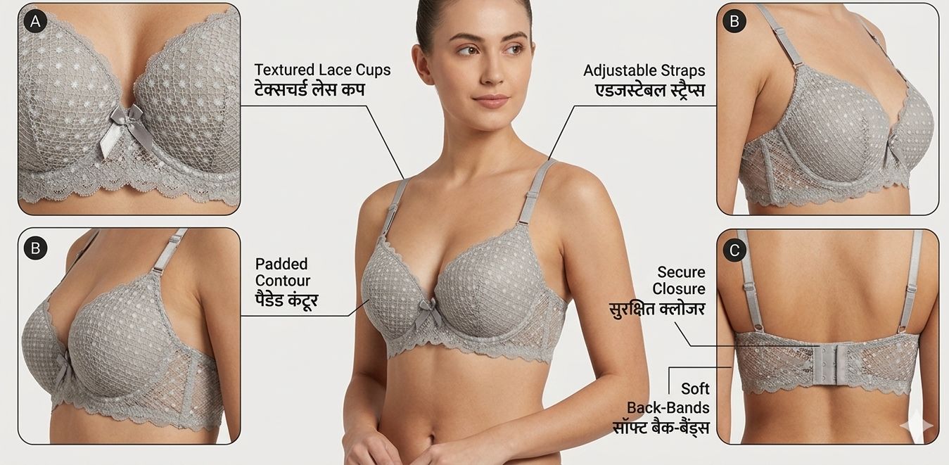Grey Premium Textured Lace Padded Contour Bra