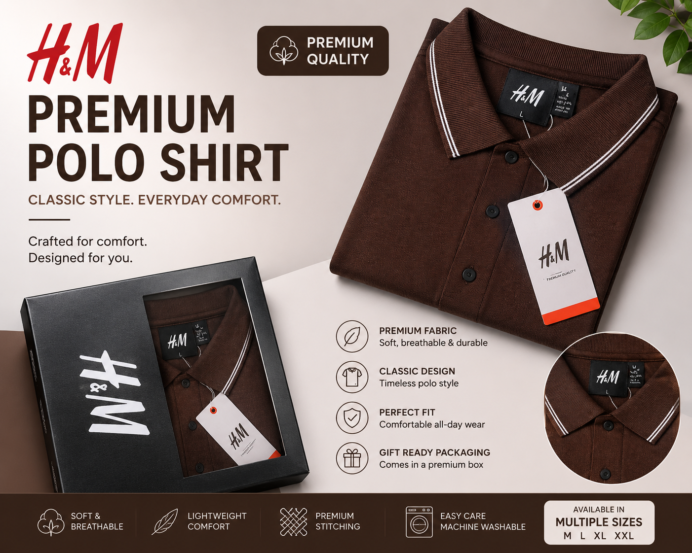 H&M Premium Brown Polo T-Shirt for Men | Soft Cotton | Regular Fit