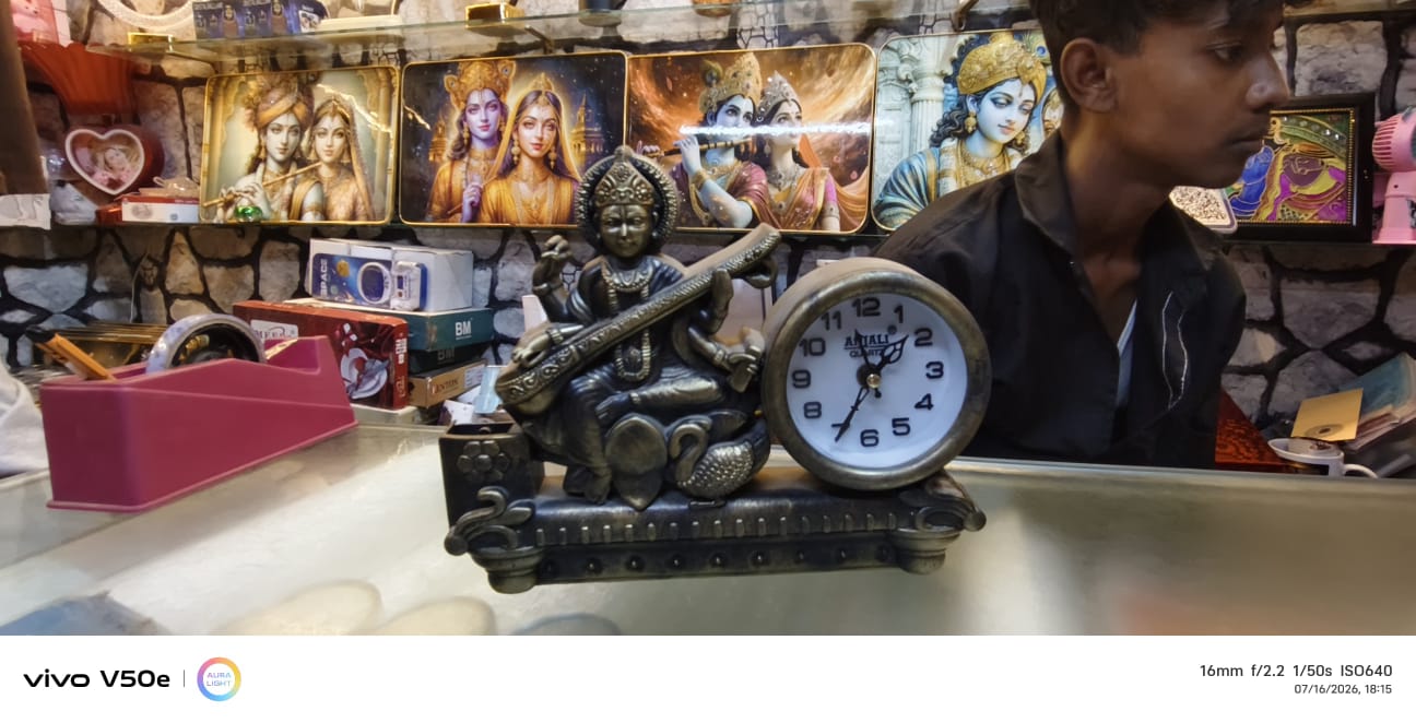 Antique Bronze Goddess Saraswati Figurine Desk Clock