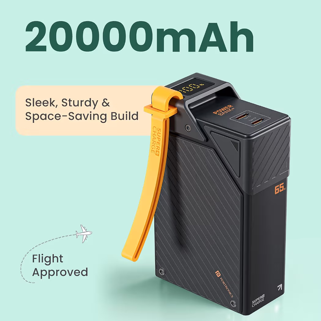 Portronics 65W Halley 20K 20000mAh Fast Charging Powerbank for Android Smartphones, iPhones, ipads, Tablets & Macbooks, Dual Type C PD Port, LED Display, Strong Lanyard (Black)