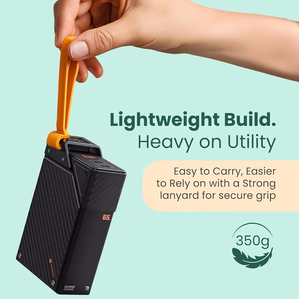 Portronics 65W Halley 20K 20000mAh Fast Charging Powerbank for Android Smartphones, iPhones, ipads, Tablets & Macbooks, Dual Type C PD Port, LED Display, Strong Lanyard (Black)
