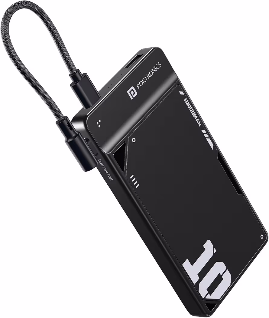 Portronics Luxcell Uno 10K 10000 mAh 22.5W Fast Charging Power Bank with Detachable Type C Cable, Ultra Slim Power Bank with Mach USB-A Output, Type C PD Output, Type C Input, Wake Up Button(Black)