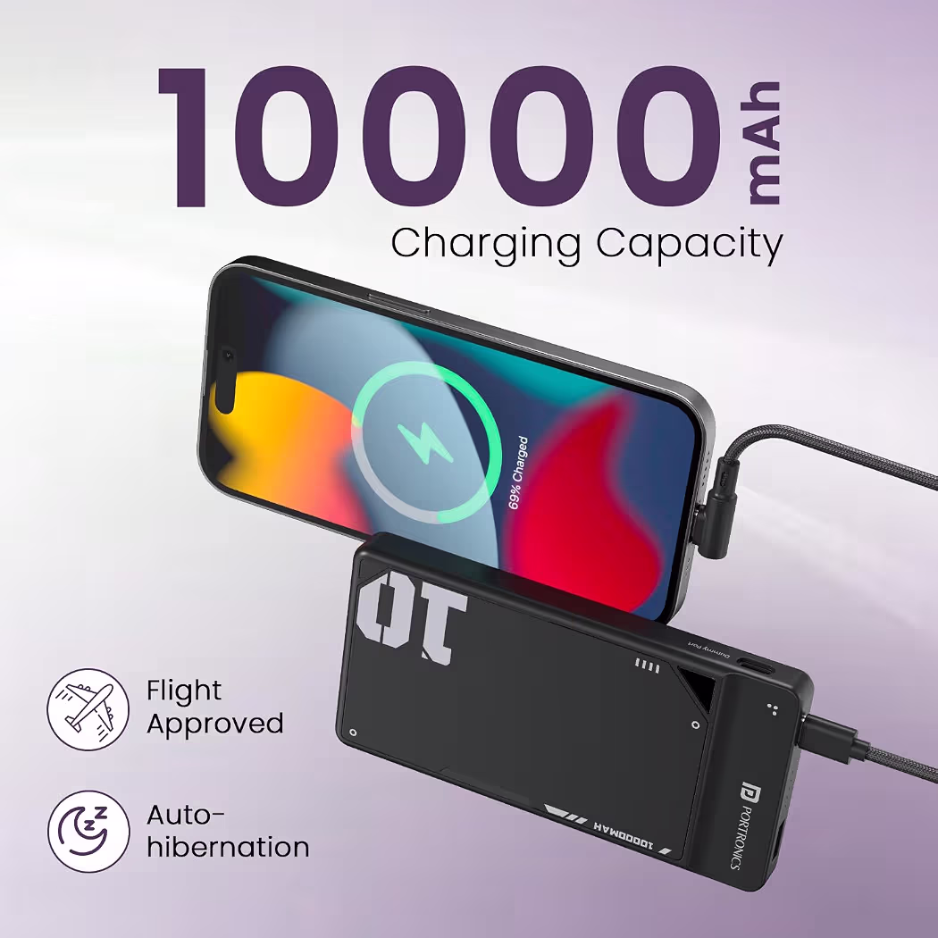 Portronics Luxcell Uno 10K 10000 mAh 22.5W Fast Charging Power Bank with Detachable Type C Cable, Ultra Slim Power Bank with Mach USB-A Output, Type C PD Output, Type C Input, Wake Up Button(Black)