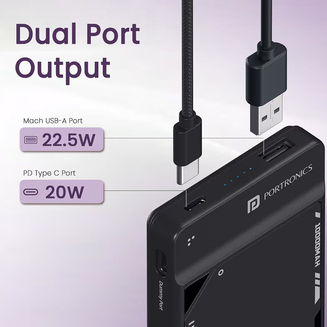 Portronics Luxcell Uno 10K 10000 mAh 22.5W Fast Charging Power Bank with Detachable Type C Cable, Ultra Slim Power Bank with Mach USB-A Output, Type C PD Output, Type C Input, Wake Up Button(Black)