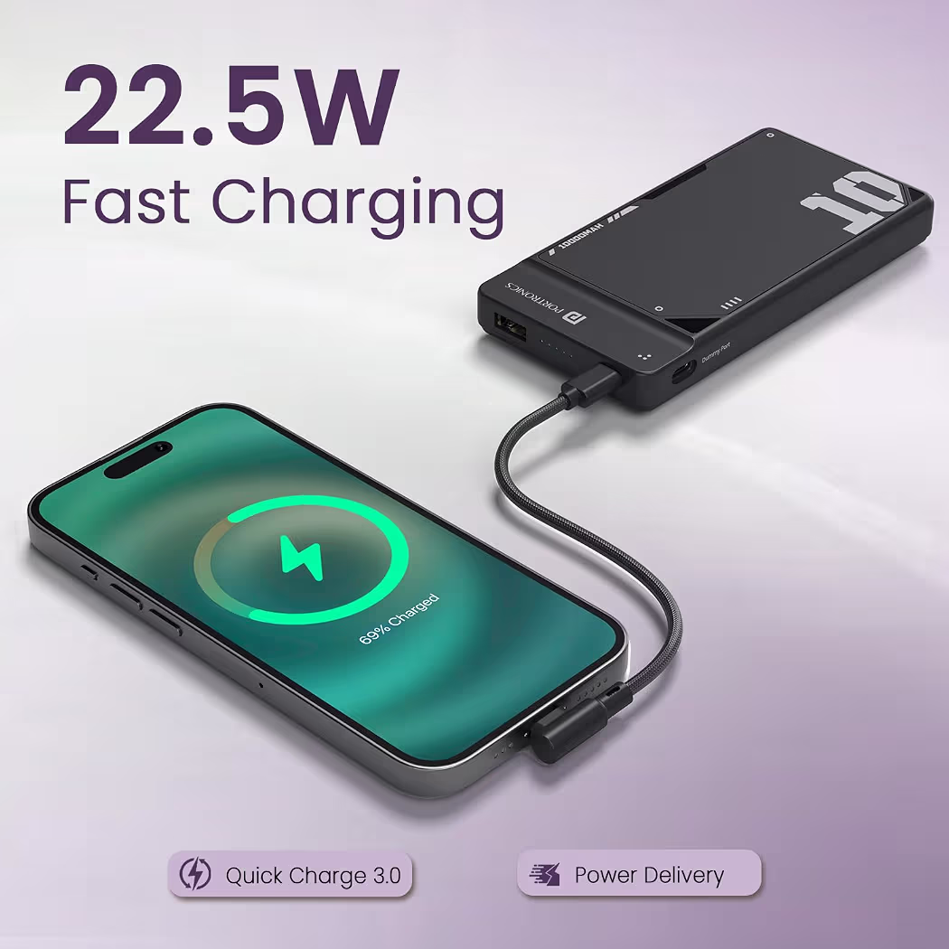 Portronics Luxcell Uno 10K 10000 mAh 22.5W Fast Charging Power Bank with Detachable Type C Cable, Ultra Slim Power Bank with Mach USB-A Output, Type C PD Output, Type C Input, Wake Up Button(Black)