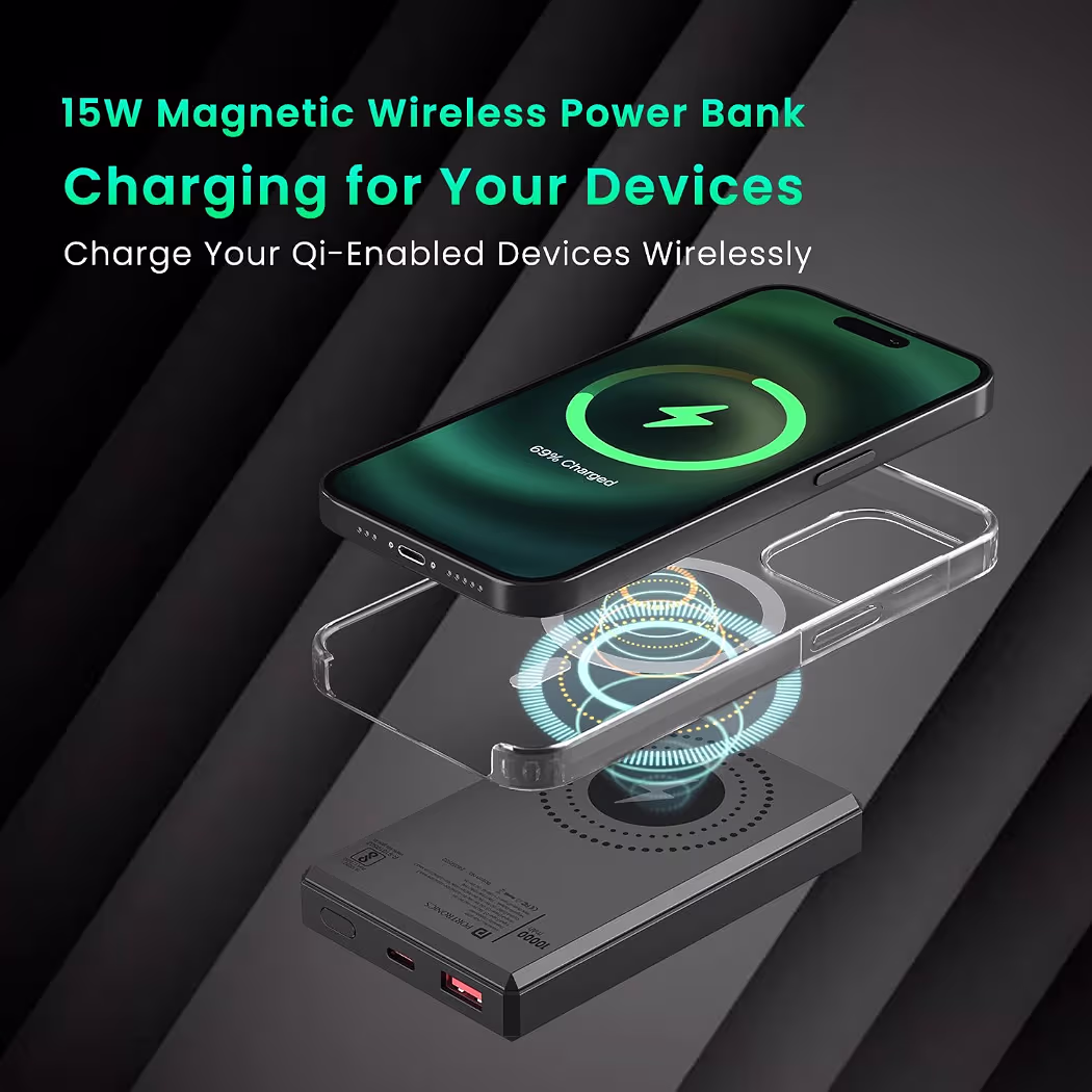 Portronics Luxcell MagClick 10k 10000 mAh 15W Magnetic Wireless Fast Charging Power Bank Premium Finish, 22.5 Wired Output Compatible with iPhone 12 & Above,Type C Smartphones,Tablets(Dark Grey)