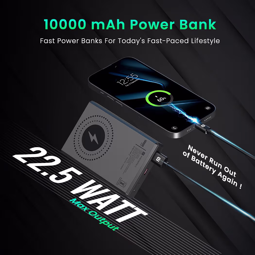 Portronics Luxcell MagClick 10k 10000 mAh 15W Magnetic Wireless Fast Charging Power Bank Premium Finish, 22.5 Wired Output Compatible with iPhone 12 & Above,Type C Smartphones,Tablets(Dark Grey)