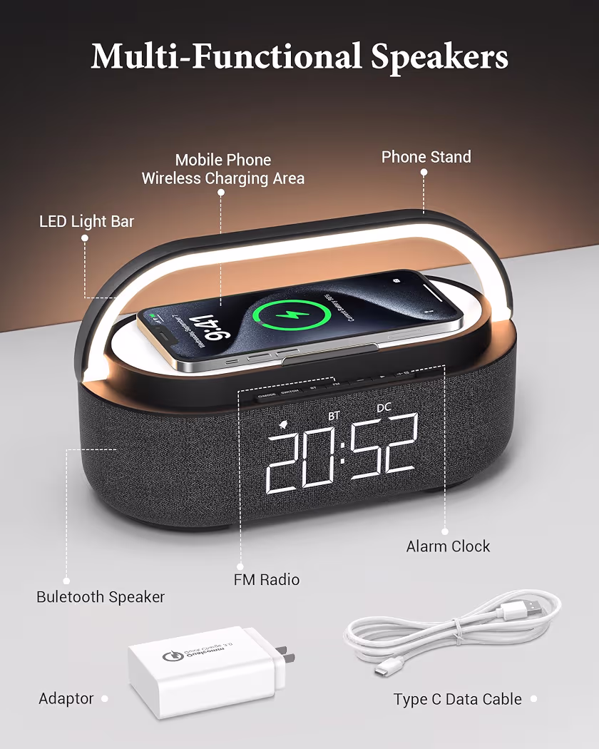 Digital Radio Alarm Clock with Wireless Charger, Bluetooth Speaker with USB Charger, Smart Alarm Clock, Snooze Function, Inductive Charging Station, Night Lamp, Dimmable LED Display and Battery