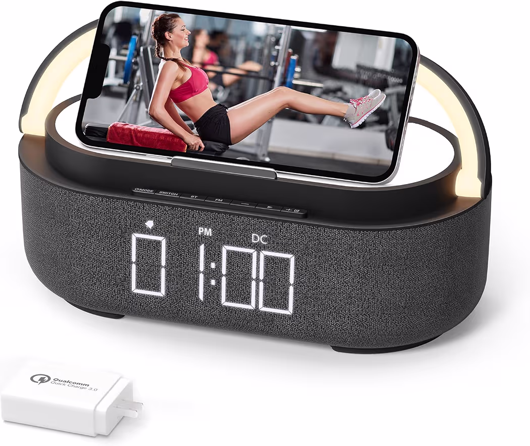 Digital Radio Alarm Clock with Wireless Charger, Bluetooth Speaker with USB Charger, Smart Alarm Clock, Snooze Function, Inductive Charging Station, Night Lamp, Dimmable LED Display and Battery