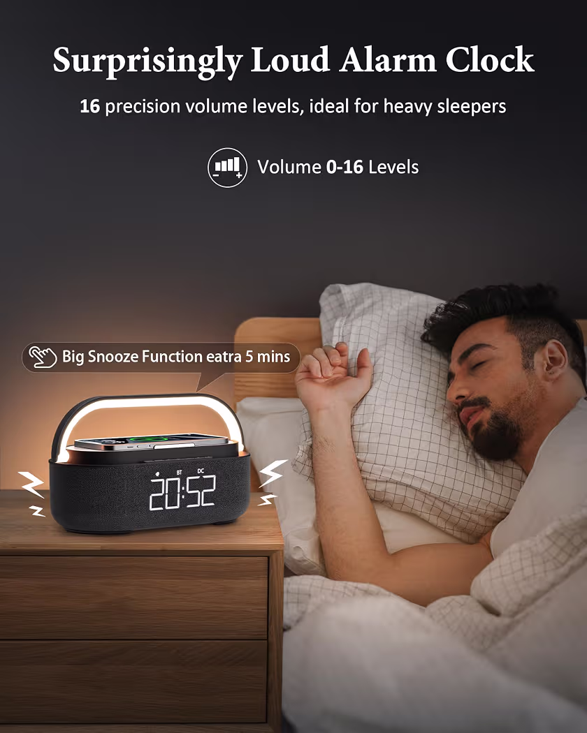 Digital Radio Alarm Clock with Wireless Charger, Bluetooth Speaker with USB Charger, Smart Alarm Clock, Snooze Function, Inductive Charging Station, Night Lamp, Dimmable LED Display and Battery