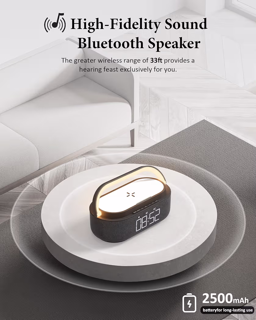 Digital Radio Alarm Clock with Wireless Charger, Bluetooth Speaker with USB Charger, Smart Alarm Clock, Snooze Function, Inductive Charging Station, Night Lamp, Dimmable LED Display and Battery