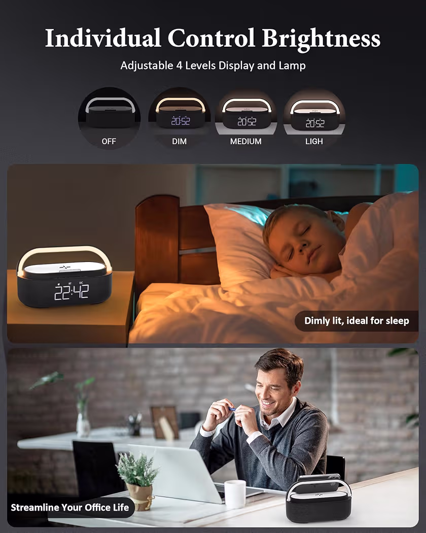 Digital Radio Alarm Clock with Wireless Charger, Bluetooth Speaker with USB Charger, Smart Alarm Clock, Snooze Function, Inductive Charging Station, Night Lamp, Dimmable LED Display and Battery