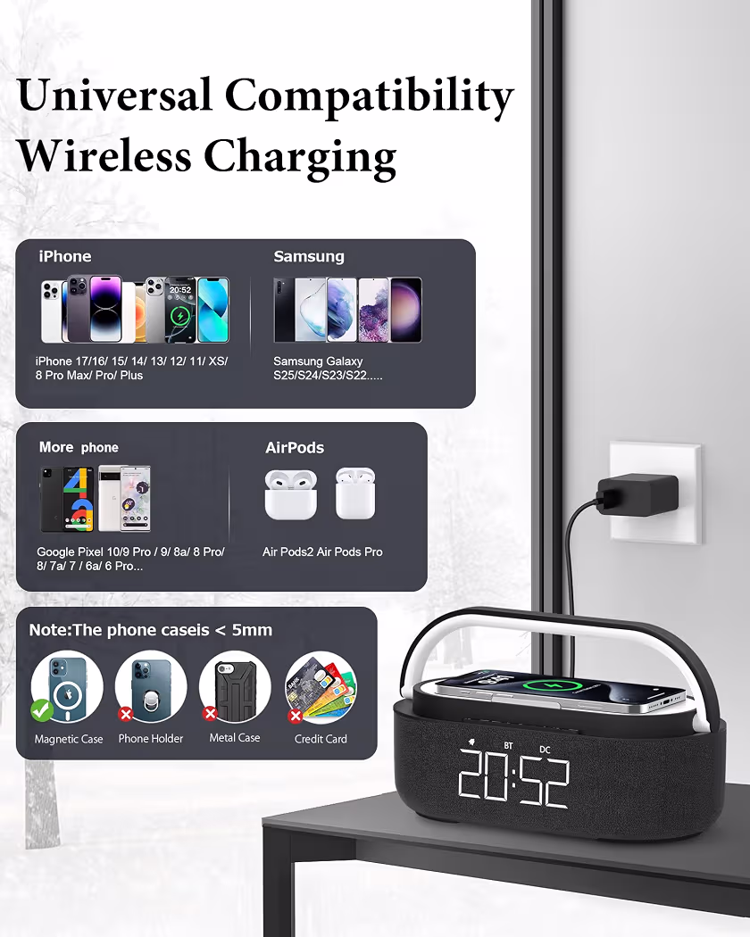 Digital Radio Alarm Clock with Wireless Charger, Bluetooth Speaker with USB Charger, Smart Alarm Clock, Snooze Function, Inductive Charging Station, Night Lamp, Dimmable LED Display and Battery