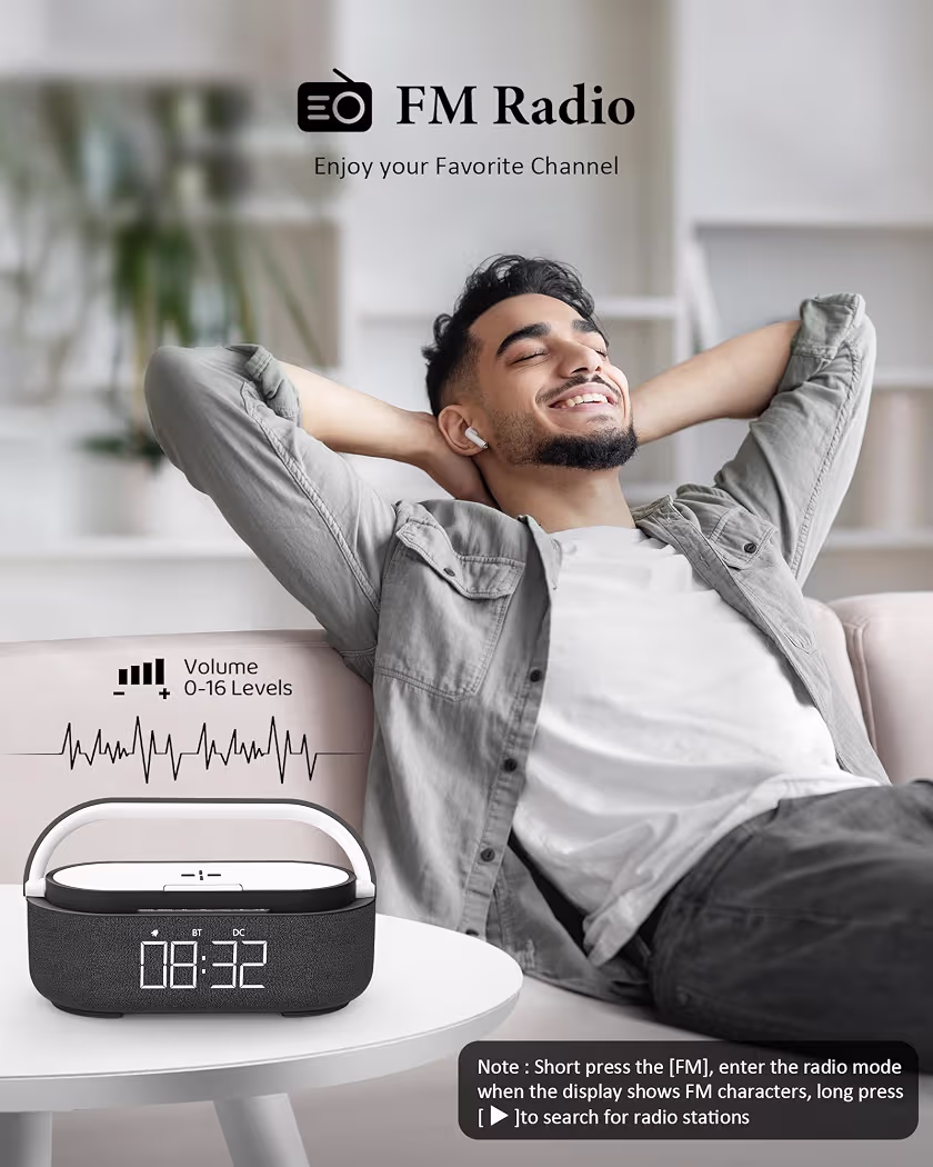 Digital Radio Alarm Clock with Wireless Charger, Bluetooth Speaker with USB Charger, Smart Alarm Clock, Snooze Function, Inductive Charging Station, Night Lamp, Dimmable LED Display and Battery