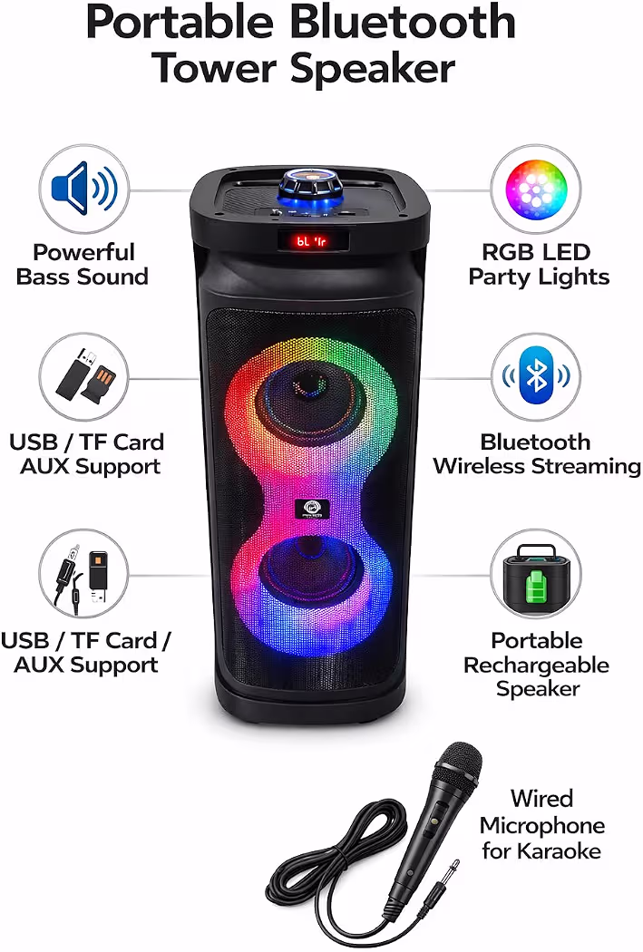 Bluetooth Tower Speaker with Microphone, Portable Karaoke Party System with RGB LED Lights, USB MicroSD AUX FM Support, 50W Heavy Bass 51% off