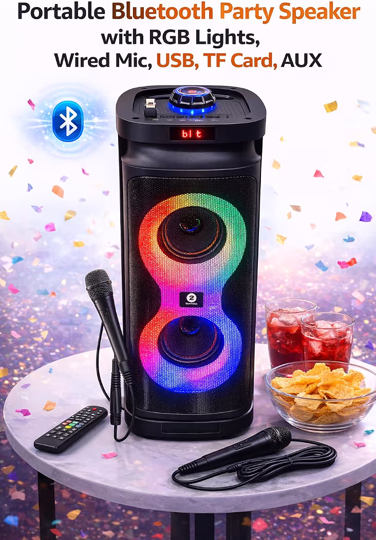 Bluetooth Tower Speaker with Microphone, Portable Karaoke Party System with RGB LED Lights, USB MicroSD AUX FM Support, 50W Heavy Bass 51% off