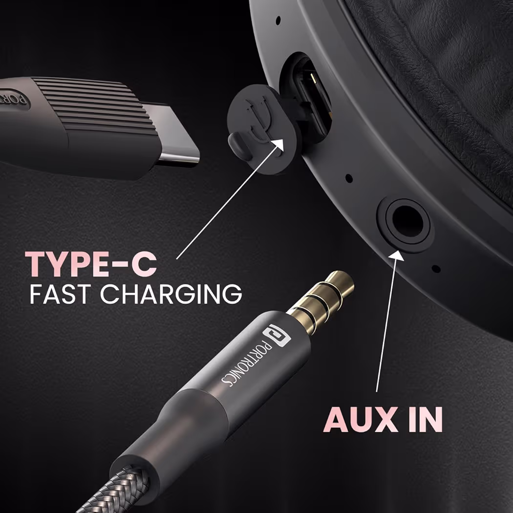 Portronics Muffs M3 Over Ear Headphones with ANC Enabled, Upto 40 Hours Playtime, in-Built Mic, 40mm Driver, Powerful Bass, Soft Ear Cushion, BT 5.3V, AUX in, Foldable Design, Type C Fast Charging