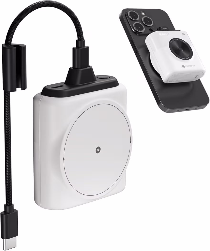 Portronics Moji 10K Smallest Wireless 10000Mah Fast Charging Power Bank with Detachable USB Type-C Cable, Strong Magnet, 20W Wired Output, for iPhone 12 & Above, Android & All Qi Enabled Devices