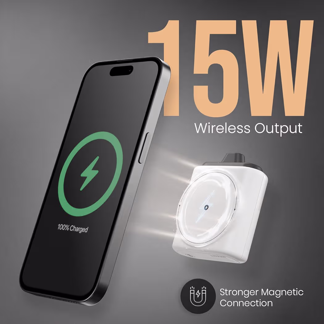 Portronics Moji 10K Smallest Wireless 10000Mah Fast Charging Power Bank with Detachable USB Type-C Cable, Strong Magnet, 20W Wired Output, for iPhone 12 & Above, Android & All Qi Enabled Devices