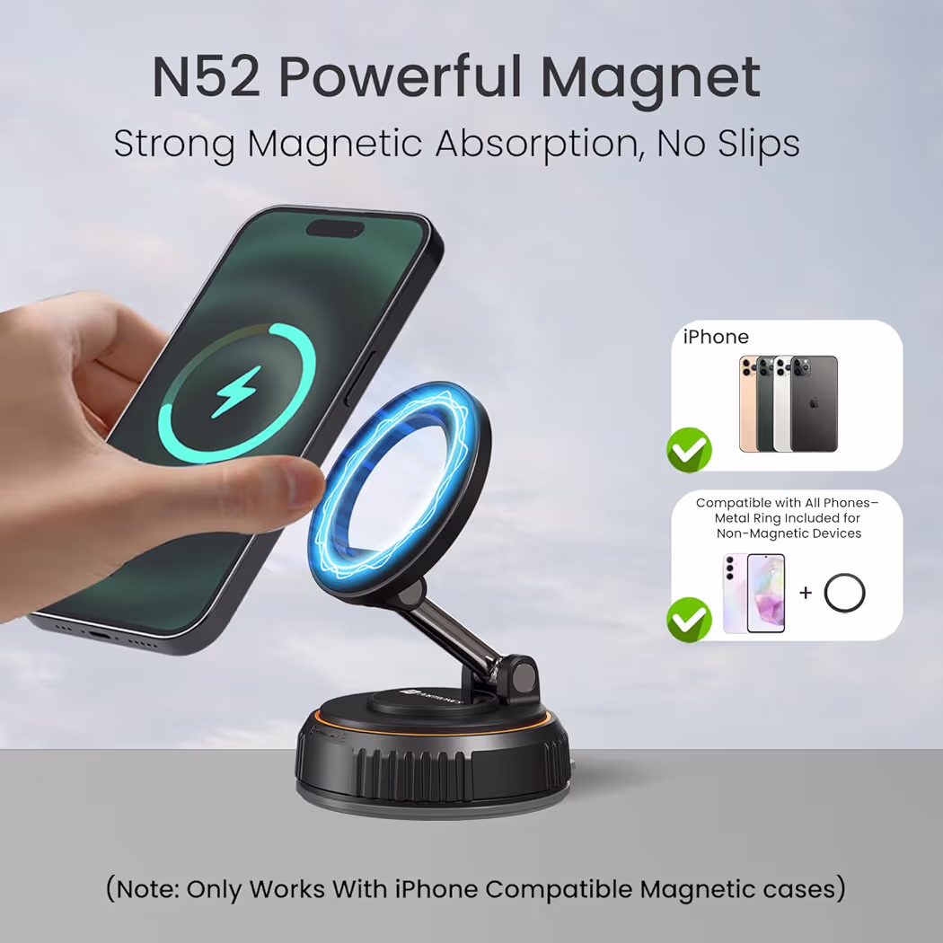 Y Magnetic Vacuum Suction Mobile Holder, Multiple Angle Adjustment, Retractable, Strong Magnetic Attachment, Compatible with iPhone & Android Phone for Car, Desk, Mirror, Glass(Black)