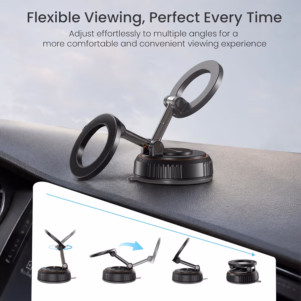 Y Magnetic Vacuum Suction Mobile Holder, Multiple Angle Adjustment, Retractable, Strong Magnetic Attachment, Compatible with iPhone & Android Phone for Car, Desk, Mirror, Glass(Black)