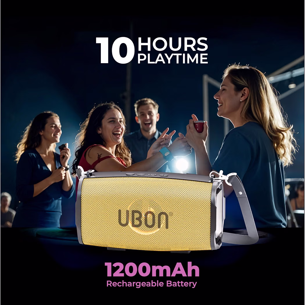 UBON Sultan SP-47 Bluetooth Speaker with 10W RMS Stereo Sound, Water Resistance, Up to 10H Total Playtime, Multi-Compatibility Modes and Fast Charging (Gold) 10W RMS Stereo Sound, Water Resistance, Up to 10H Total Playtime, Multi-Compatibility Modes, Fast Charging