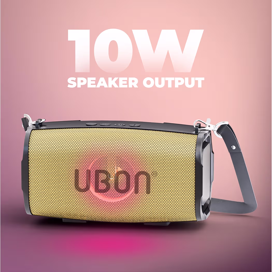 UBON Sultan SP-47 Bluetooth Speaker with 10W RMS Stereo Sound, Water Resistance, Up to 10H Total Playtime, Multi-Compatibility Modes and Fast Charging (Gold) 10W RMS Stereo Sound, Water Resistance, Up to 10H Total Playtime, Multi-Compatibility Modes, Fast Charging