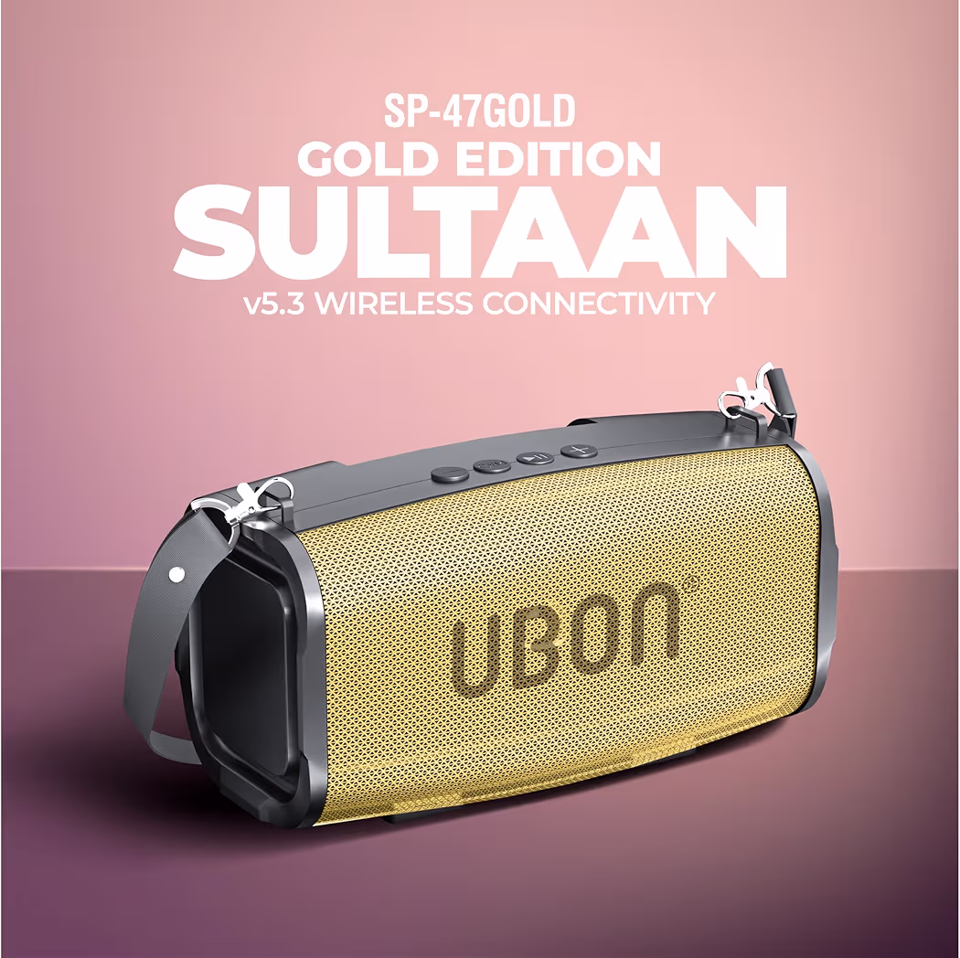 UBON Sultan SP-47 Bluetooth Speaker with 10W RMS Stereo Sound, Water Resistance, Up to 10H Total Playtime, Multi-Compatibility Modes and Fast Charging (Gold) 10W RMS Stereo Sound, Water Resistance, Up to 10H Total Playtime, Multi-Compatibility Modes, Fast Charging