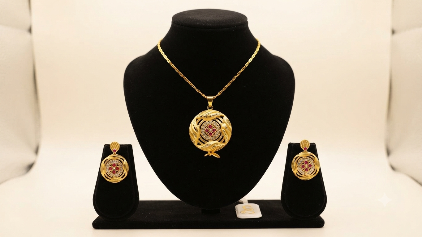 Gold-Plated Circular Pendant Set with Red Accents