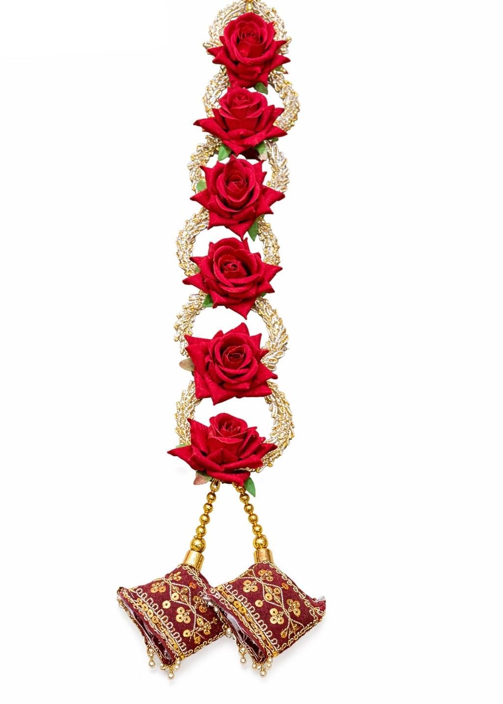 Rose Bridal Braid Hair Accessory for Women | Artificial Flower Plait Decoration with Golden Rings & Latkan Tassels | Wedding, Mehendi & Festive Hair Jewellery (Red)