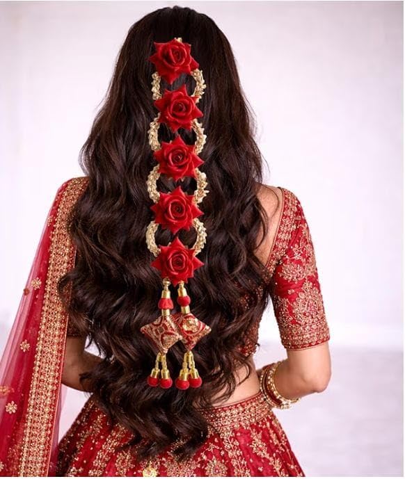 Rose Bridal Braid Hair Accessory for Women | Artificial Flower Plait Decoration with Golden Rings & Latkan Tassels | Wedding, Mehendi & Festive Hair Jewellery (Red)