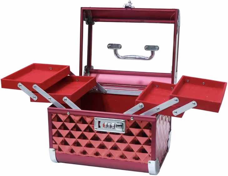 Adson Professional Beauty Makeup Cosmetic Vanity Case with Unbreakable Glass (Daimond Cut Cherry Colour)