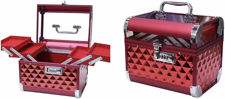 Adson Professional Beauty Makeup Cosmetic Vanity Case with Unbreakable Glass (Daimond Cut Cherry Colour)