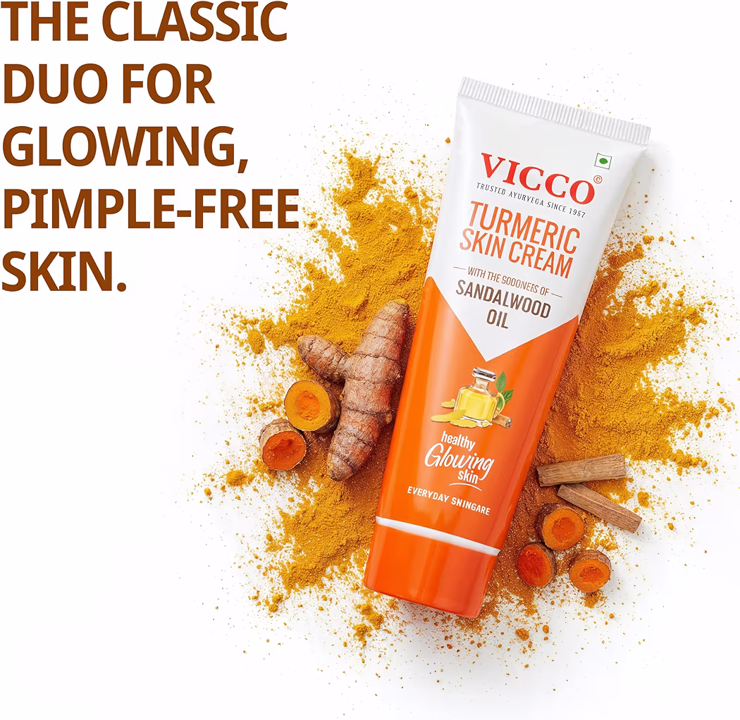 Vicco Turmeric Skin Cream | With Turmeric & Sandalwood Oil for Glowing Skin I Acne Control & Natural Glow I Trusted Ayurvedic Care for Long-Lasting Healthy Skin |