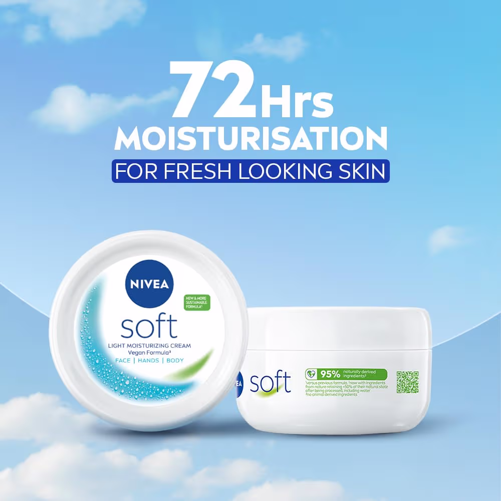 NIVEA Soft Moisturizing Cream, Lightweight Non-Sticky Daily Moisturizer with 72Hr Hydration, Vitamin E & Jojoba Oil | Hydrating Face, Body & Hand Cream for Dry to Normal Skin | Soft Glowing Skin