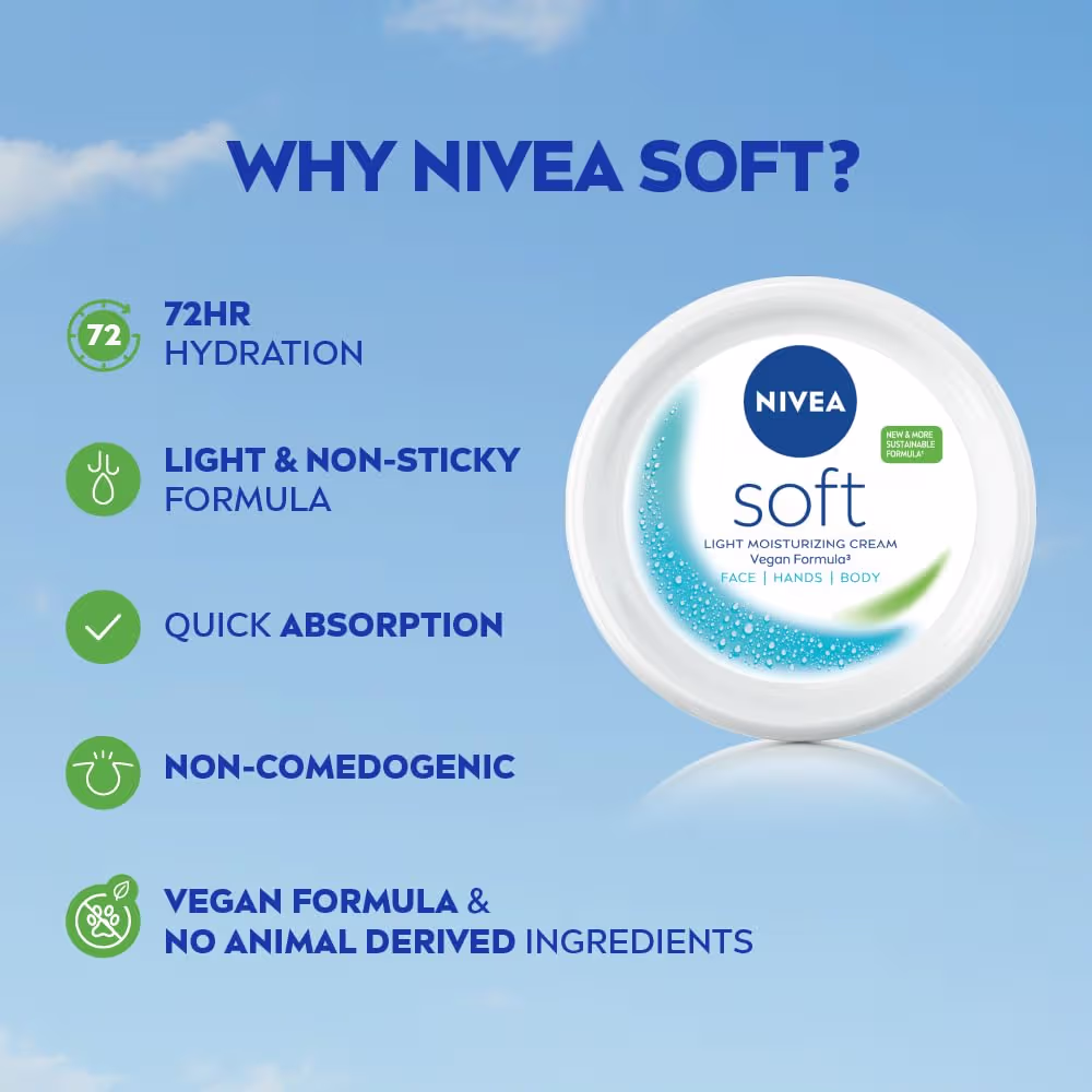 NIVEA Soft Moisturizing Cream, Lightweight Non-Sticky Daily Moisturizer with 72Hr Hydration, Vitamin E & Jojoba Oil | Hydrating Face, Body & Hand Cream for Dry to Normal Skin | Soft Glowing Skin