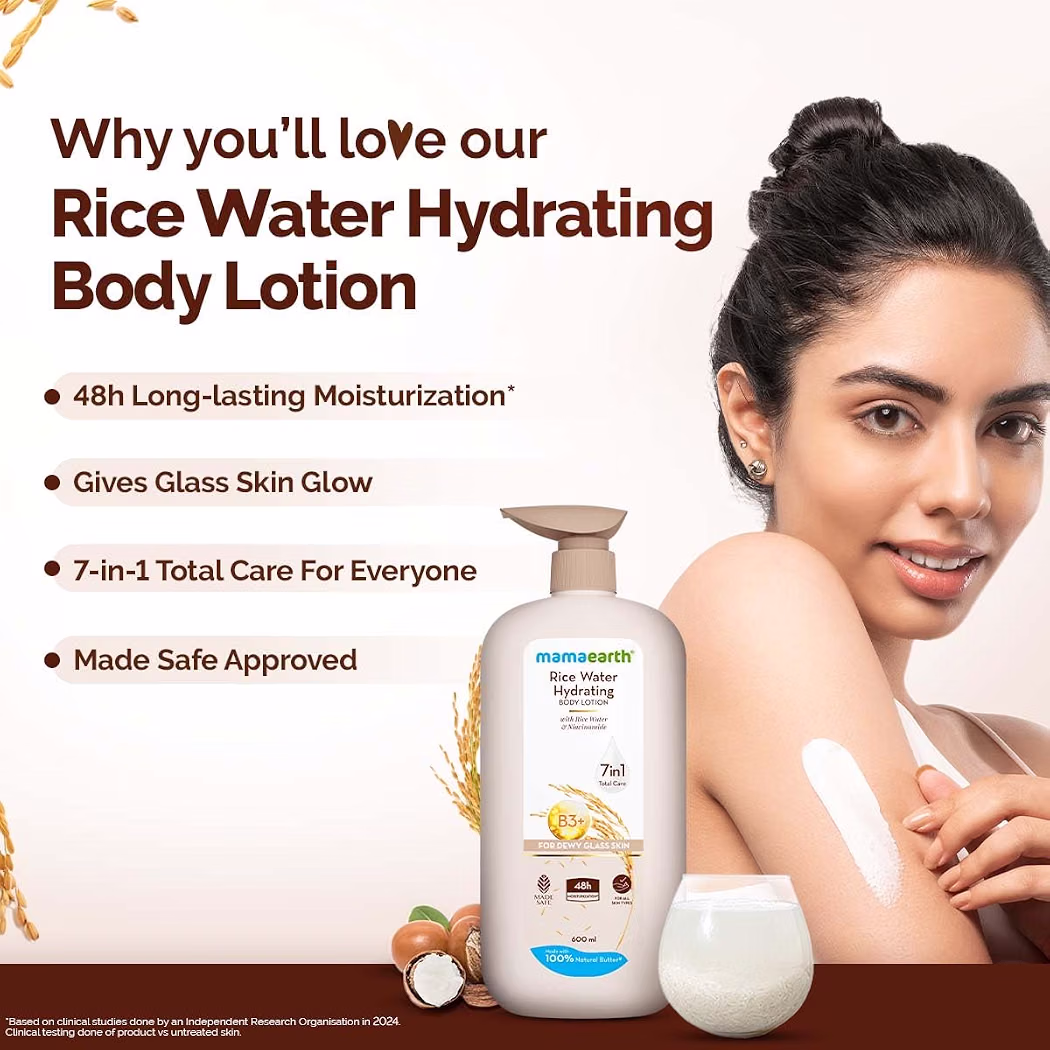 Mamaearth Rice Water Hydrating Body Lotion with Rice Water & Niacinamide for Dewy Glass Skin 400ml | 48H Moisturization | Nourishes Skin | 7in1 Total Care | 100% Natural Butter | Non Greasy Smooth 50% off