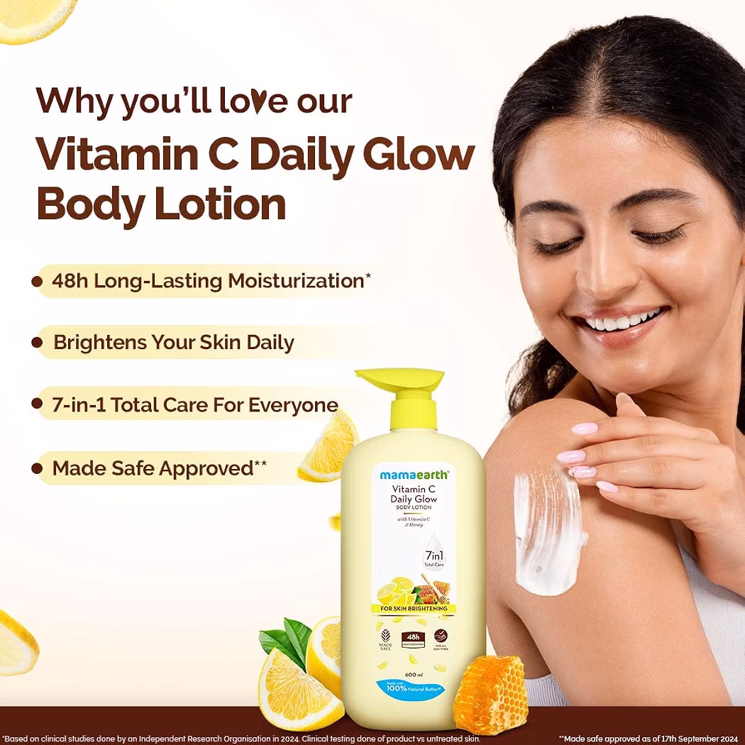 Mamaearth Vitamin C Daily Glow Body Lotion with Vitamin C & Honey for Skin Brightening - 400 ml 48 Hrs Long-lasting Moisturization | Brightens Your Skin Daily | 7-in-1 Total Care For Dry Skin | Made Safe Approved