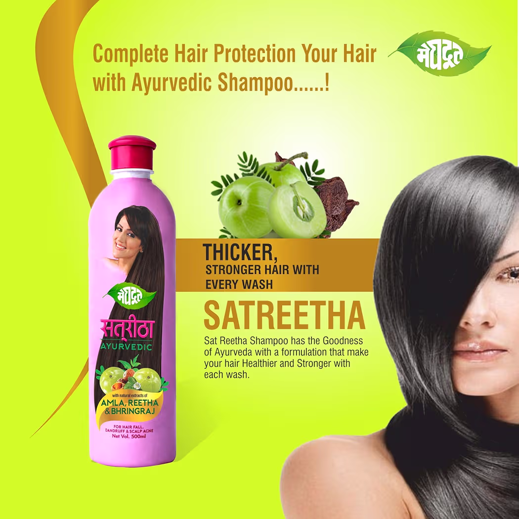Meghdoot Ayurvedic Satreetha Shampoo Enriched With Natural Extracts of Amla, Reetha & Bhringraj For Hair Fall Control & Scalp Acne, Healthy & Strong Hair, Men & Women 400ml (Pack of 1)