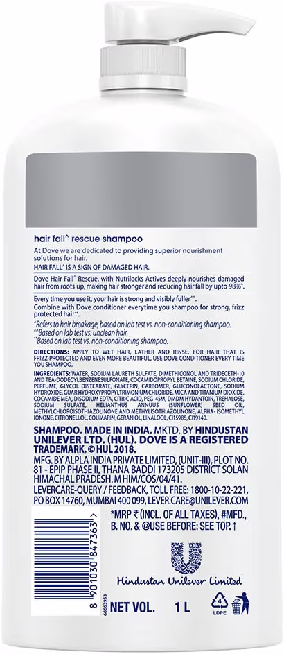 Dove Hair Fall Rescue Shampoo 1 L|| For Damaged Hair|| Hair Fall Control for Thicker Hair - Mild Daily Anti Hair Fall Shampoo for Men & Women