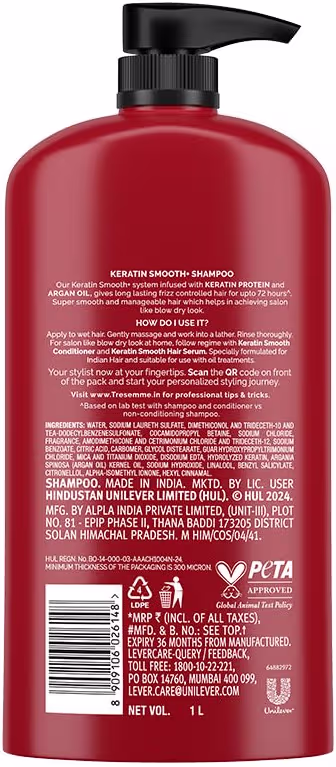 TRESemmé Keratin Smooth+ Shampoo 1000ml | 72H Frizz Control with Keratin Protein & Argan Oil | Paraben Free Smoothening Shampoo for Dry & Frizzy Hair
