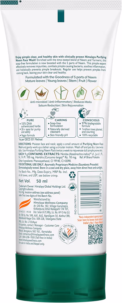 Himalaya Purifying Neem Face Wash|Clears and Prevents Pimples & Acne|Made with 5 parts of Neem|New & Best Ever clinically Proven formula|Gently Cleanses|For men and women|50 mlHimalaya Purifying Neem Face Wash|Clears and Prevents Pimples & Acne|Made with 5 parts of Neem|New & Bes…